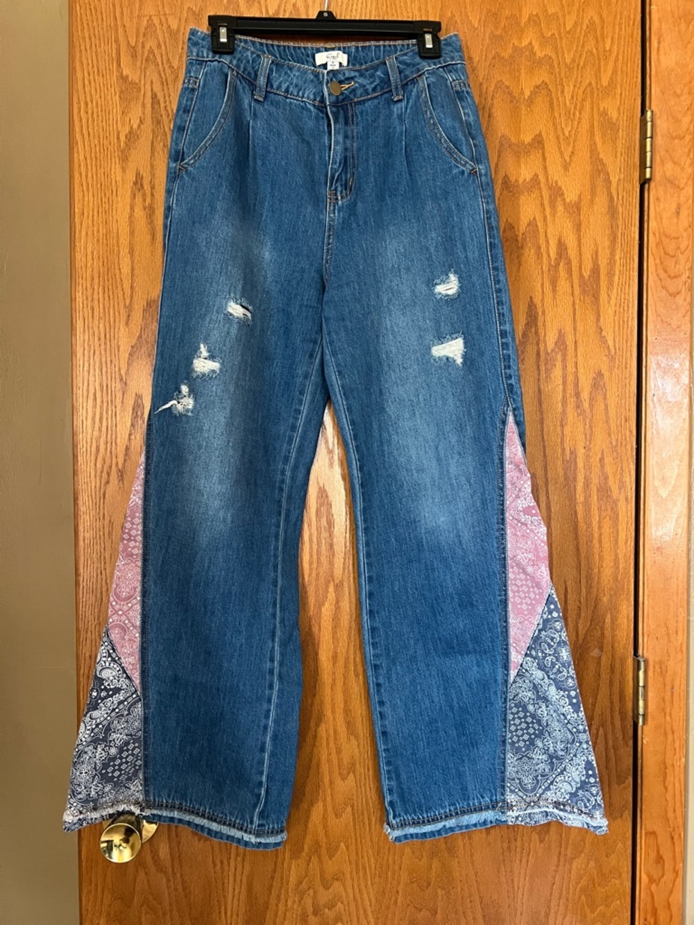 High-Rise Blue Denim Wide-Leg Jeans with Pink & Blue Bandana Insets